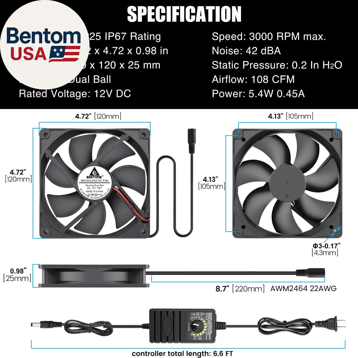120Mm Waterproof Fan with Speed Controller, IP67 12V Computer Fan with AC Plug,