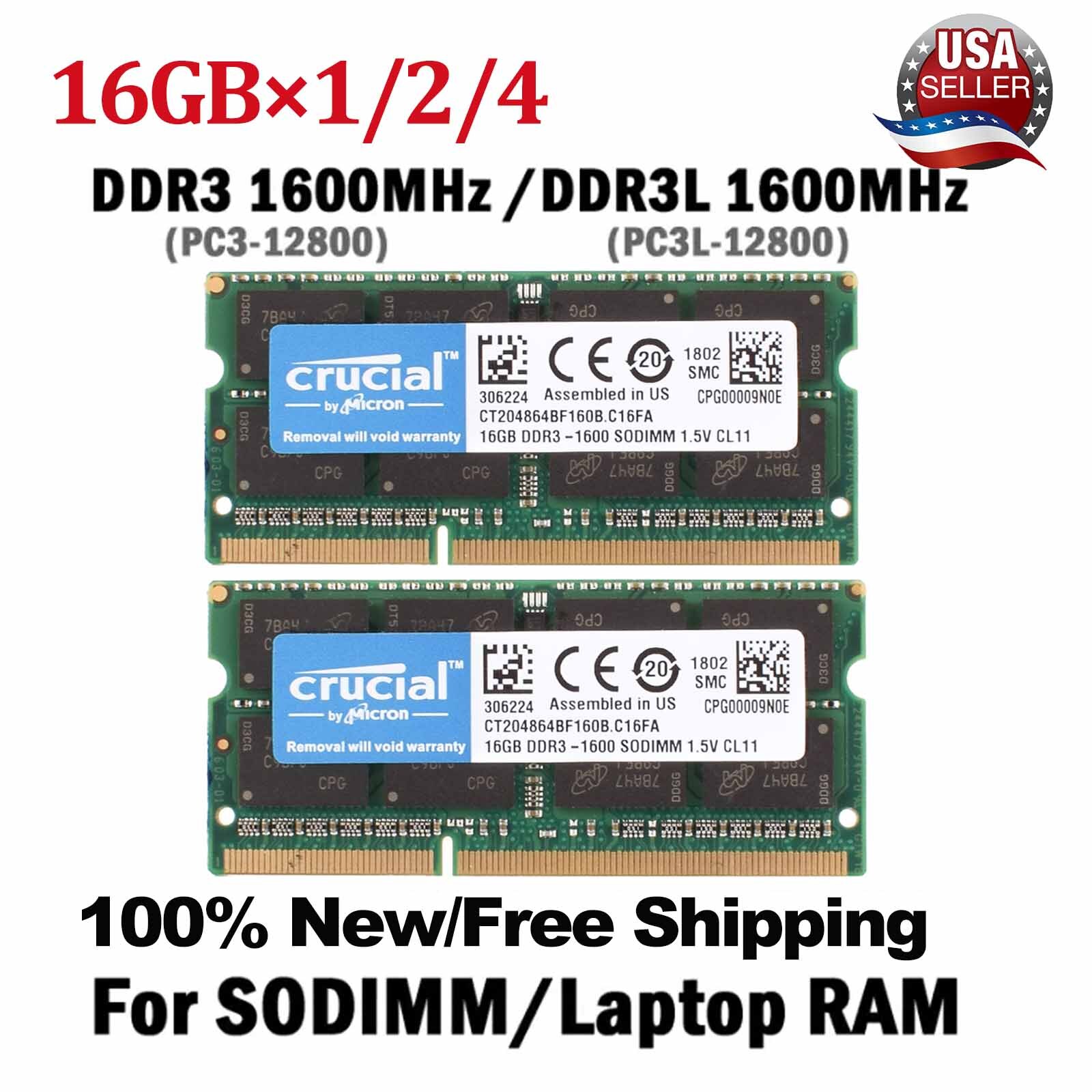 Crucial DDR3/DDR3L 16GB 1600MHz 32GB PC3/PC3L-12800 Laptop SODIMM Memory RAM Lot