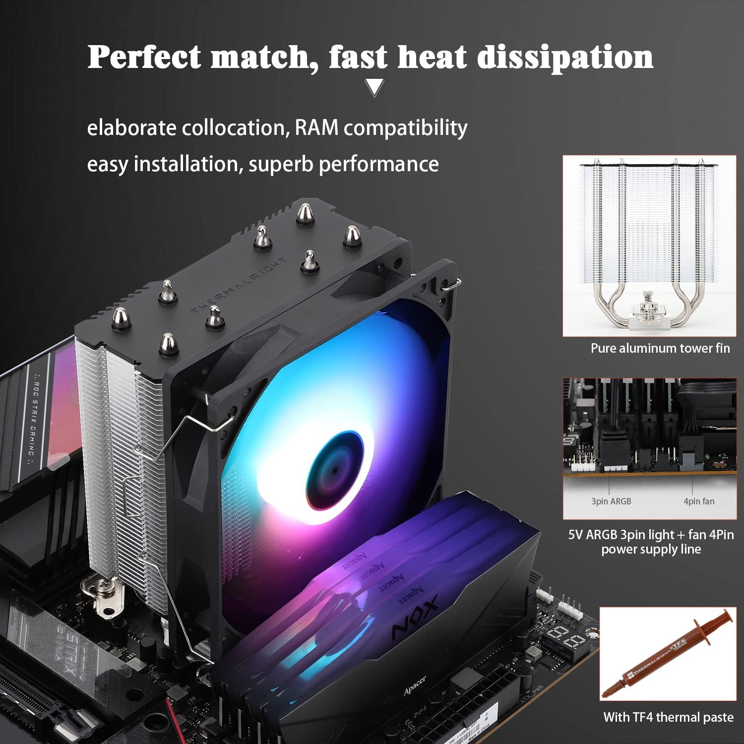 High-Performance CPU Air Cooler, 4 Heat Pipes, PWM Fan, Aluminium Heatsink, AMD/