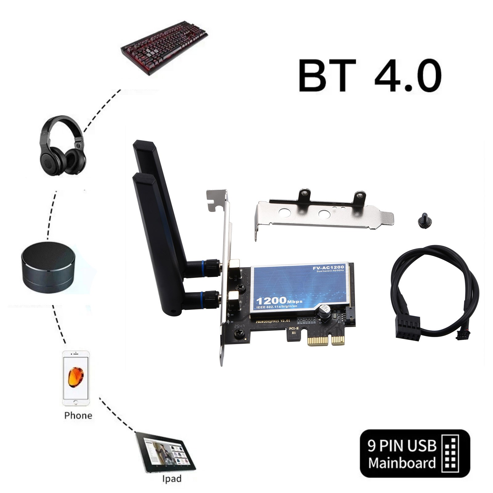 FV-AC1200 PCIE Network Card AC1200 Speed 867Mbps+300Mhz Bluetooth 4.0 w/ Bracket