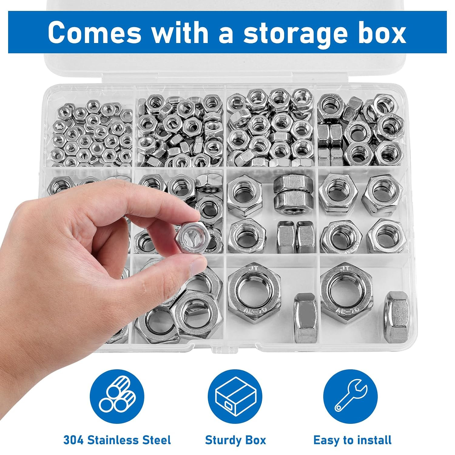 Hex Nuts, 237 Pack M3 M4 M5 M6 M8 M10 M12 304 (A2-70) Stainless Steel Hardware N
