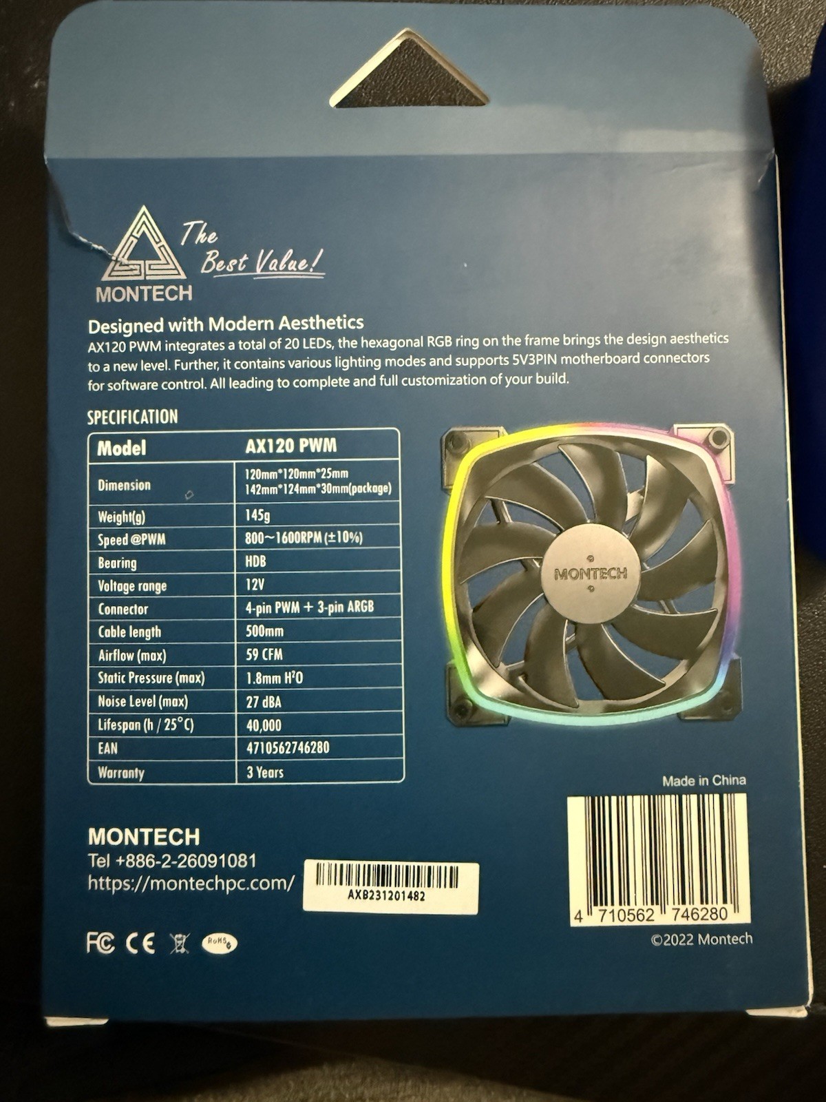 Montech AX120 1600PWM PWM Fans, Black, 120mm (SET OF 2)