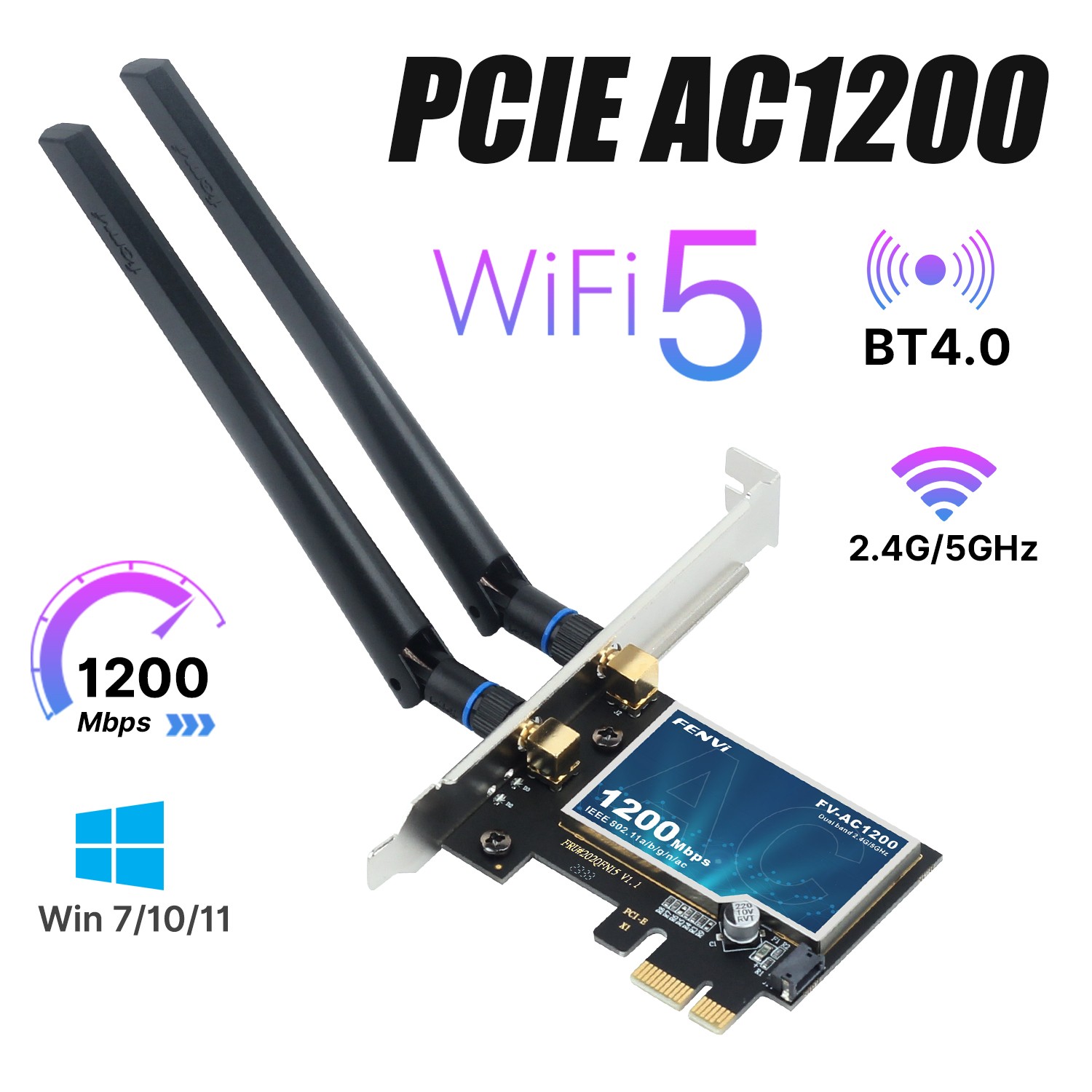 AC1200 WiFi 5 Card 1200Mbps Dual Band 2.4G/5G BT 4.0 Wireless Adapter Desktop PC