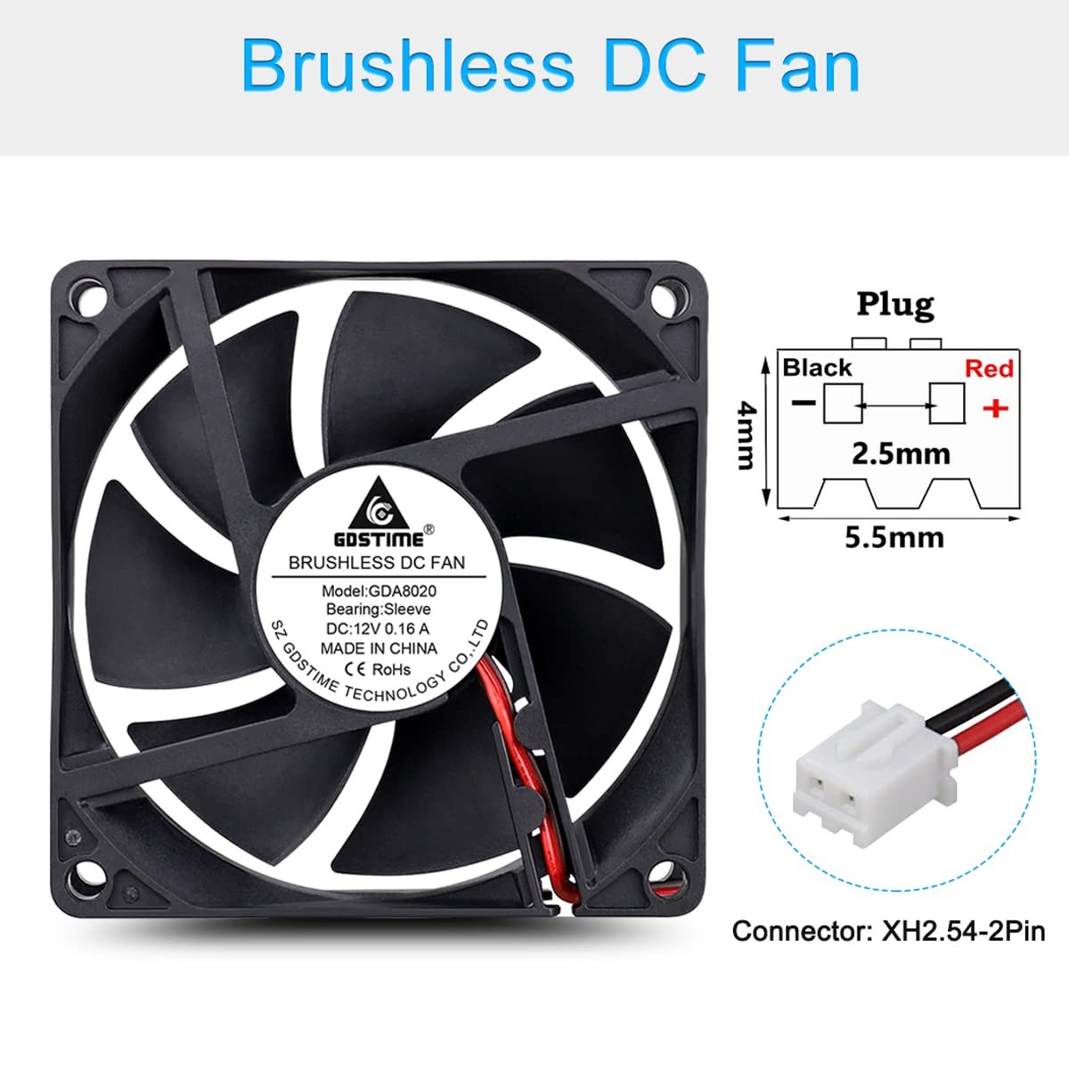 GDSTIME 80mm x 20mm 8020 12V DC Brushless PC Case Cooling Fan 2Pin 80x80x20mm