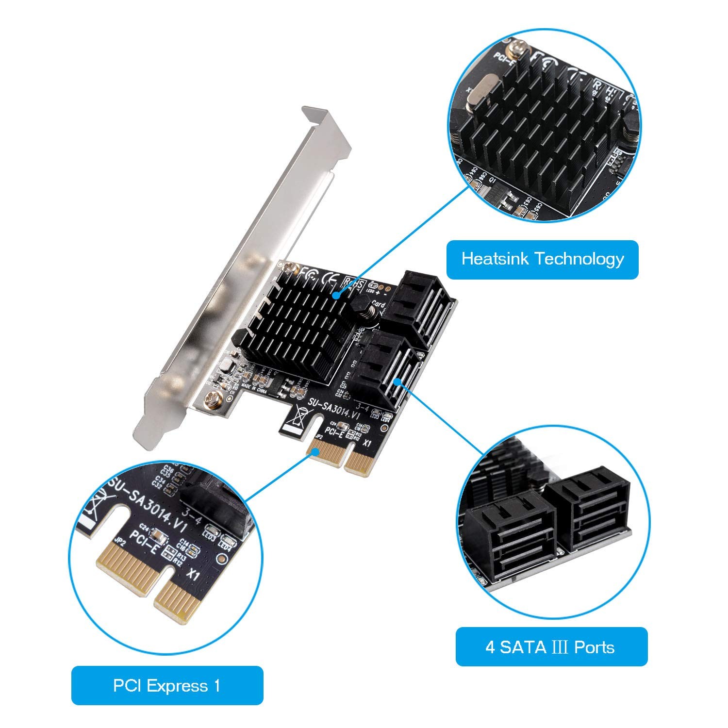 SATA Card 4 Port with 4 SATA Cables, 6 Gbps SATA 3.0 Controller PCI Express Expr