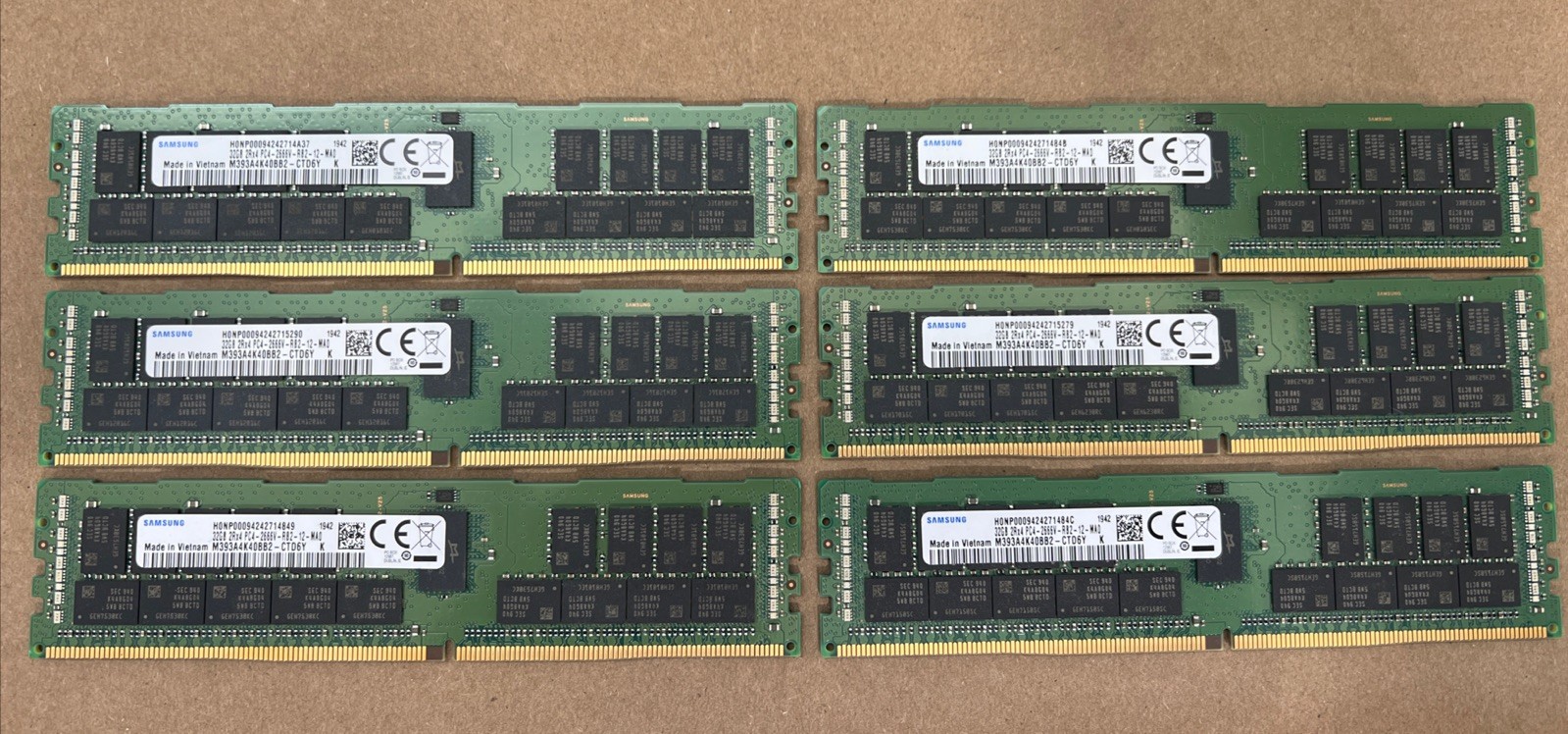 LOT OF (6) Samsung 32GB PC4-2666V-R 2Rx4 DDR4 ECC RDIMM Memory M393A4K40BB2