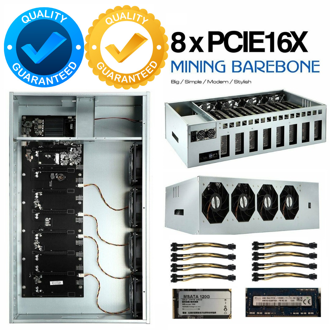 Mining Rig Case 8 GPU Miner Kit w/ Motherboard CPU RAM 4FANs 4Gb DDR3 120Gb SSD