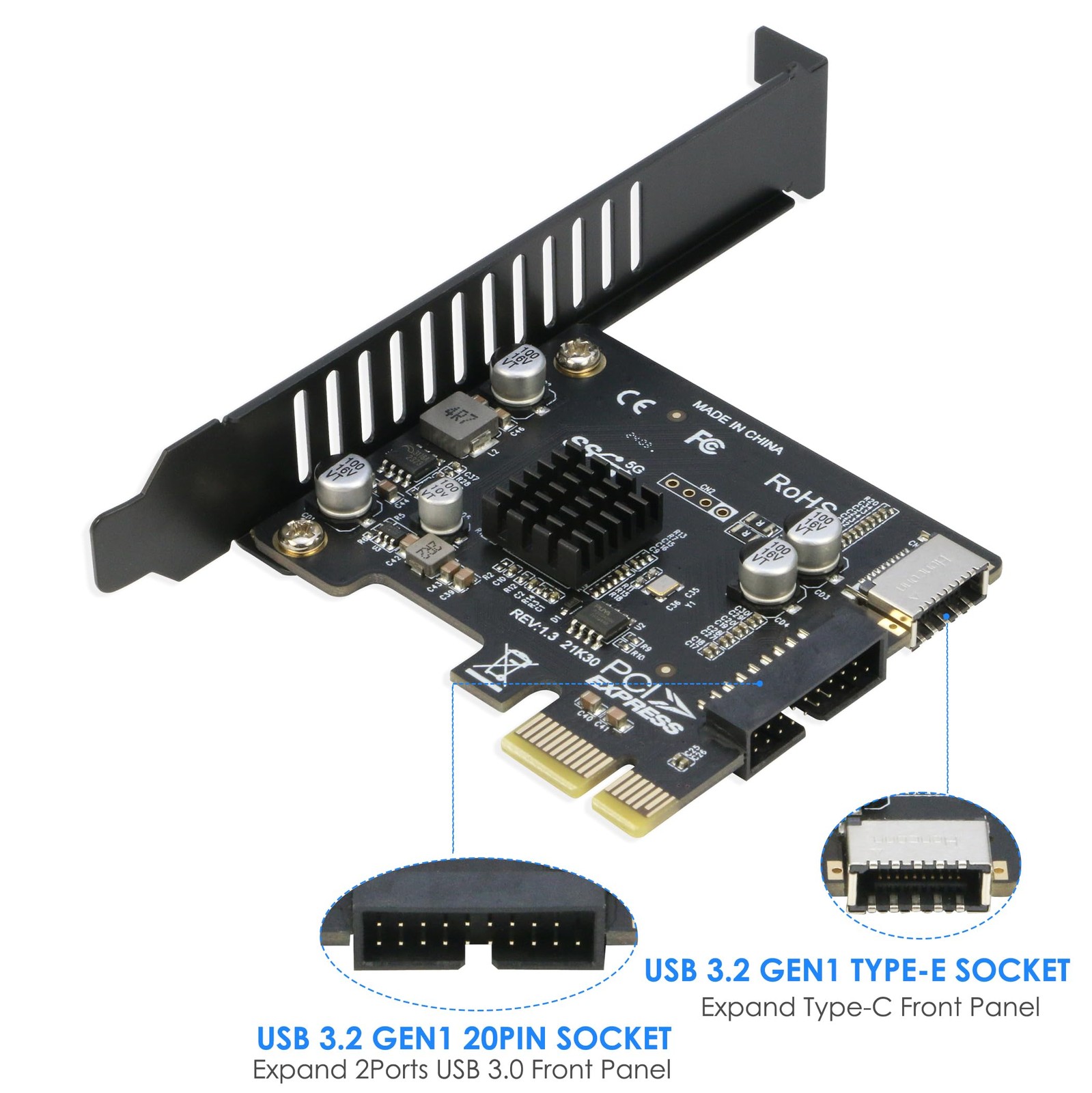 PCIe to 20Pin + Type-E Internal Card, PCI-e x1 to (19+1) Pin USB 3.0 Socket a…