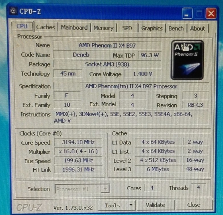 AMD Phenom II X4 B97 Desktop CPU HDXB97WFK4DGM AM2+ AM3 3.2G 95W
