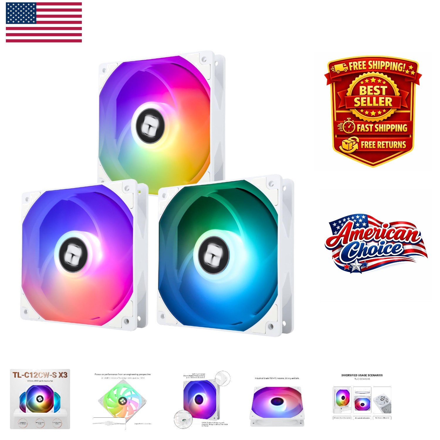 TL-C12CW-S X3 Series – 120mm Silent RGB Fans, 25.6 dBA, 3 Pack, High Airflow