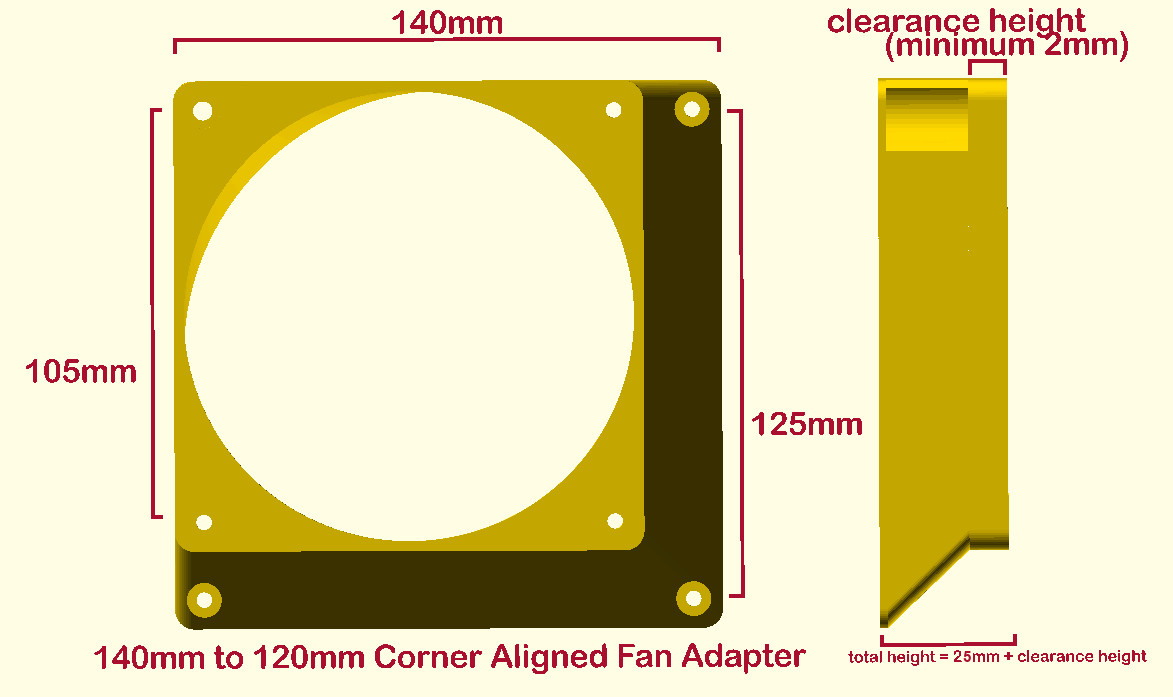 140mm to 120mm CORNER ALIGNED OFFSET FAN Adapter Converter change PC Modding Mod