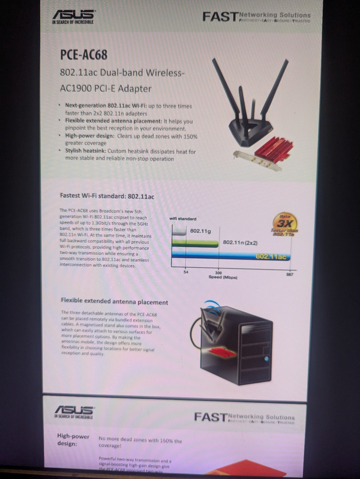 ASUS PCE-AC68 Wi-Fi Dual Band 3×3 PCI-E Adapter Network Card -with Antennas