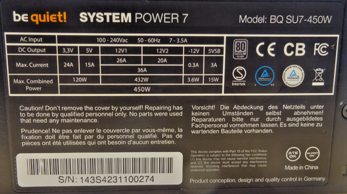 BeQuiet SYSTEM POWER 7 BQ SU7-450W 20+4 in 80PLUS SILVER Power Supply 450W #NT4415