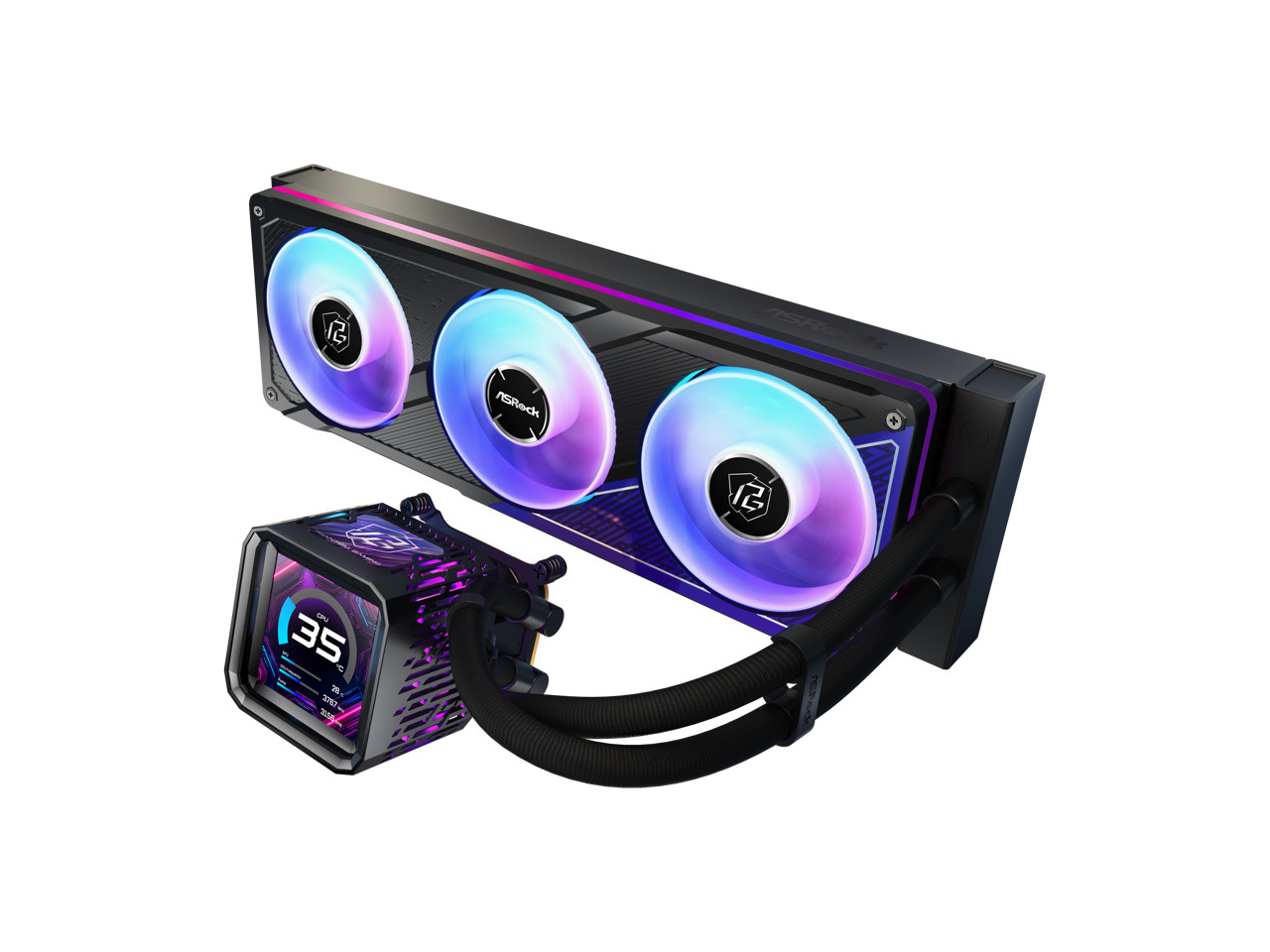 ASRock PHANTOM GAMING 360 LCD 32mm radiator, 3.4″ LCD, VRM module, 360 ARGB unif