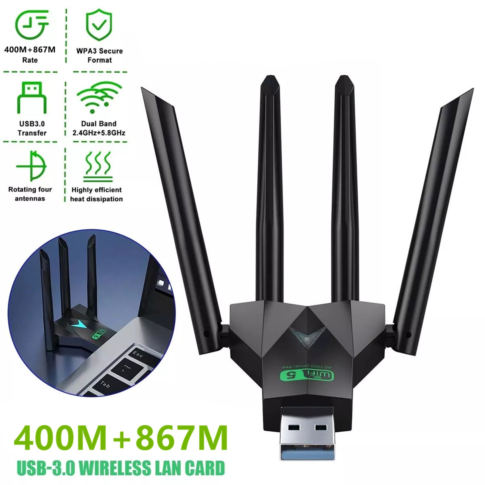2.4G 400Mbps & 5G 867Mbps USB 3.0 WiFi Adapter For Windows XP/7/8/8.1/10/11