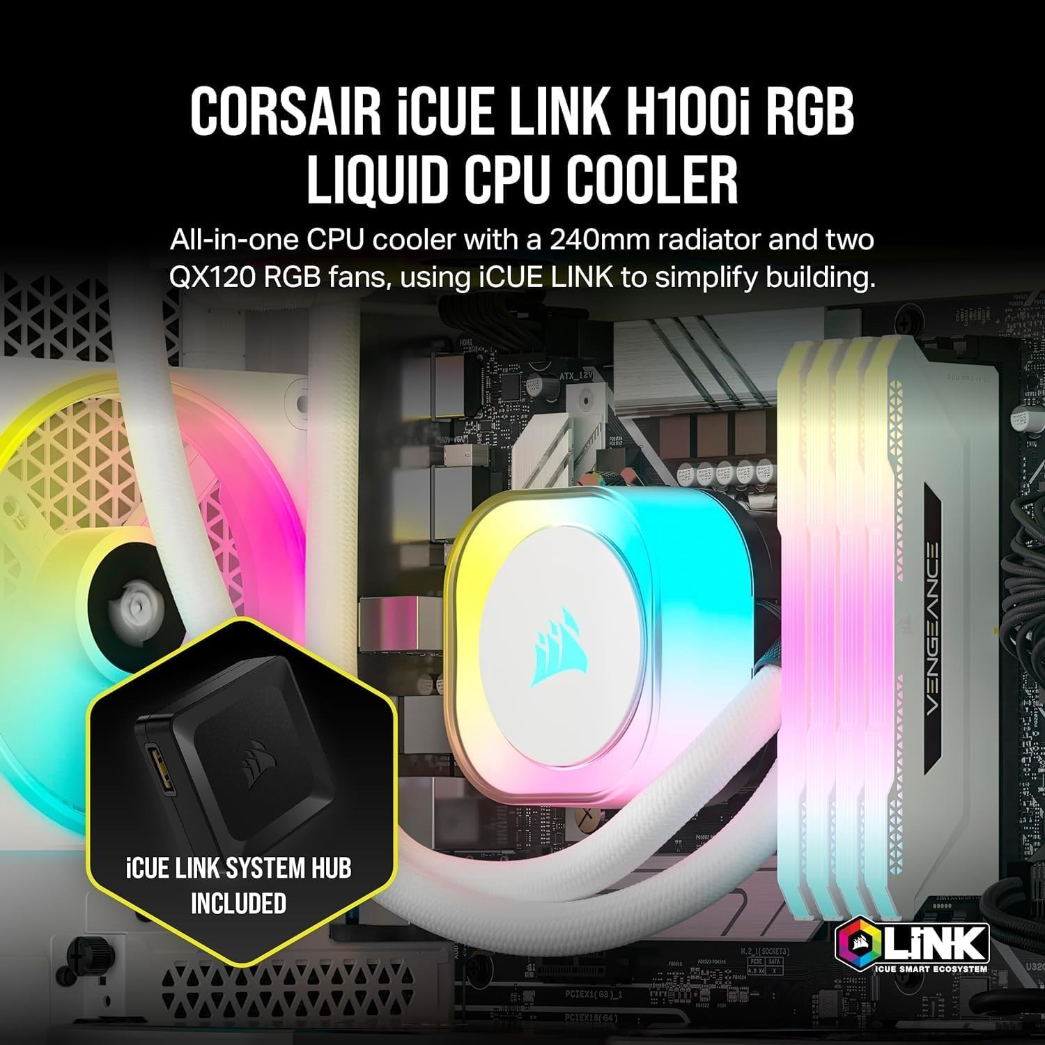 CORSAIR iCUE Link H100i RGB Liquid CPU Cooler – 240mm AIO – QX120 RGB Fans