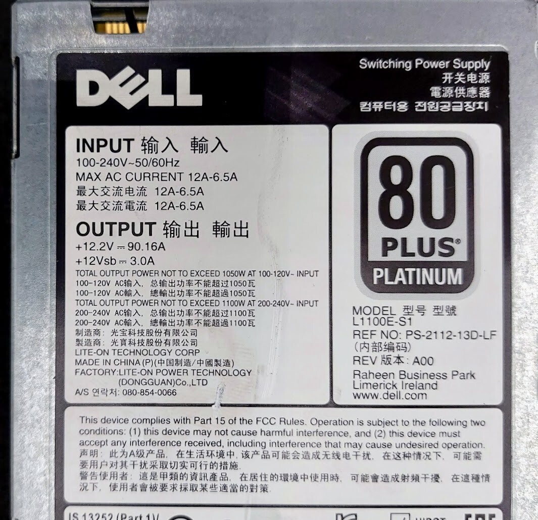 6x Dell PowerEdge 1100W 80 Plus Platinum L1100E-S1 Switching Power Supply