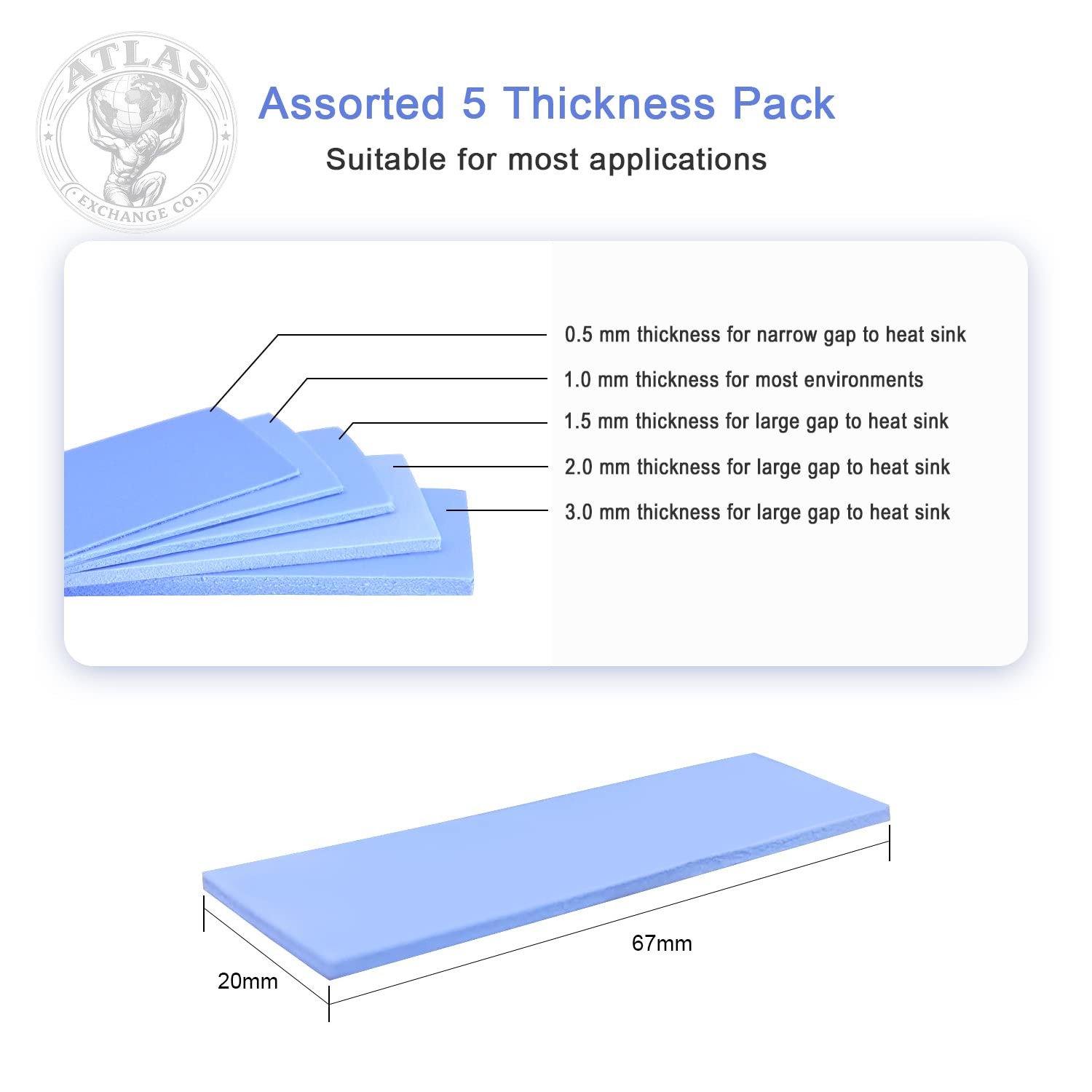 30 Pack Thermal Pads, 20×67 Mm by 5 Thickness 0.5 | 1 | 1.5 | 2 | 3 Mm, Thermal