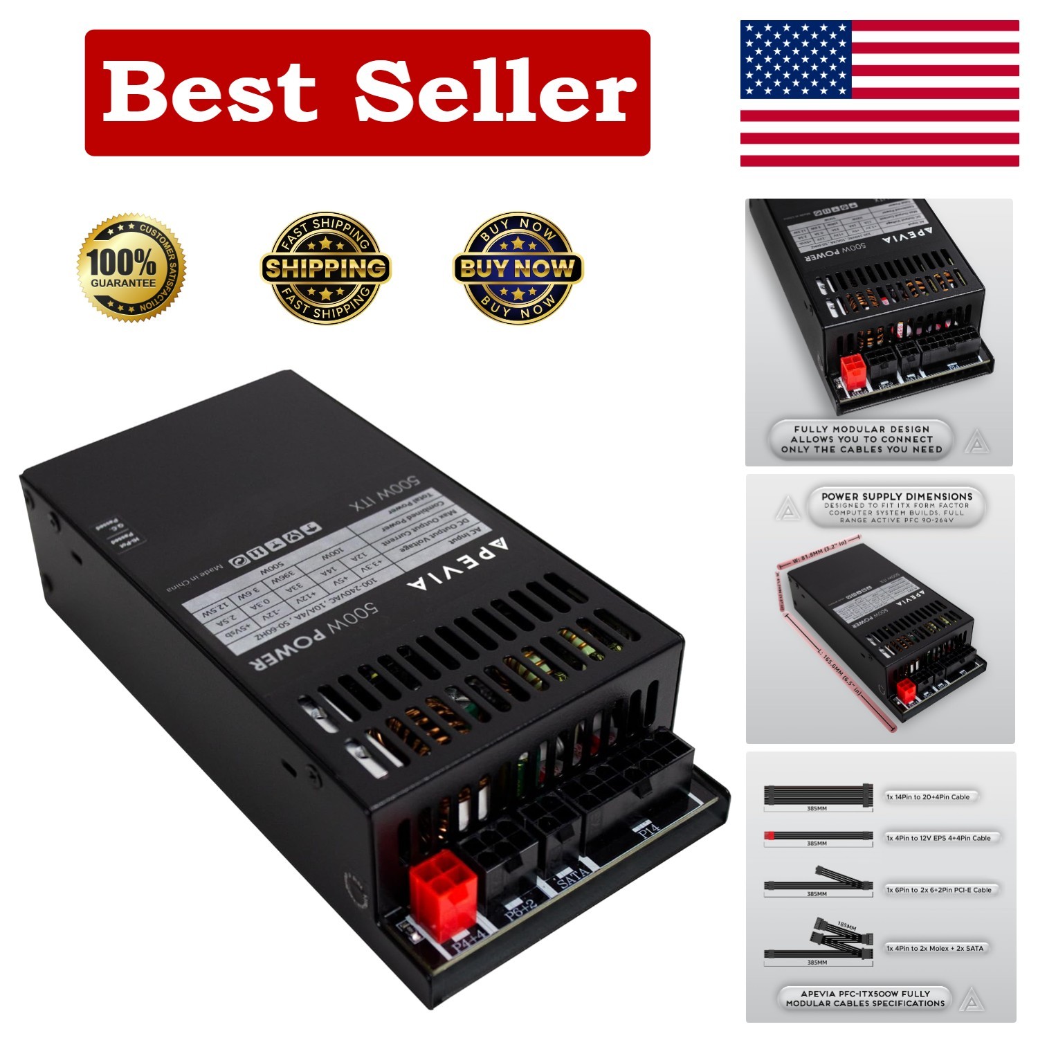 Apevia ITX-PFC500W Mini Itx/Flex ATX / 1U 500W Fully Modular Power Supply, Full