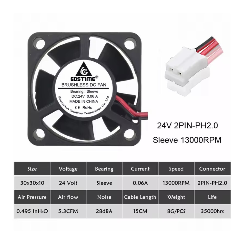 24V 30mm 3010S DC Brushless 2-pin 30x30x10mm CPU / Laser / Printer Cooling Fan