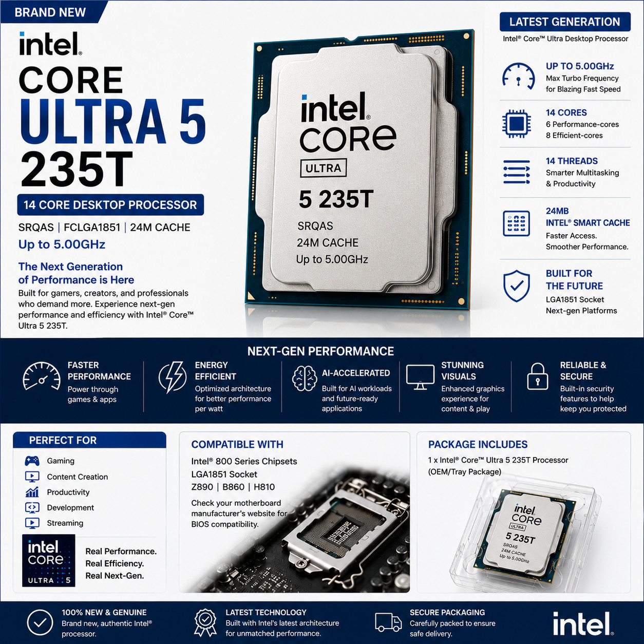 NEW Intel Core Ultra 5 235T 14-Core 5GHz 35W LGA1851 CPU Processor SRQES