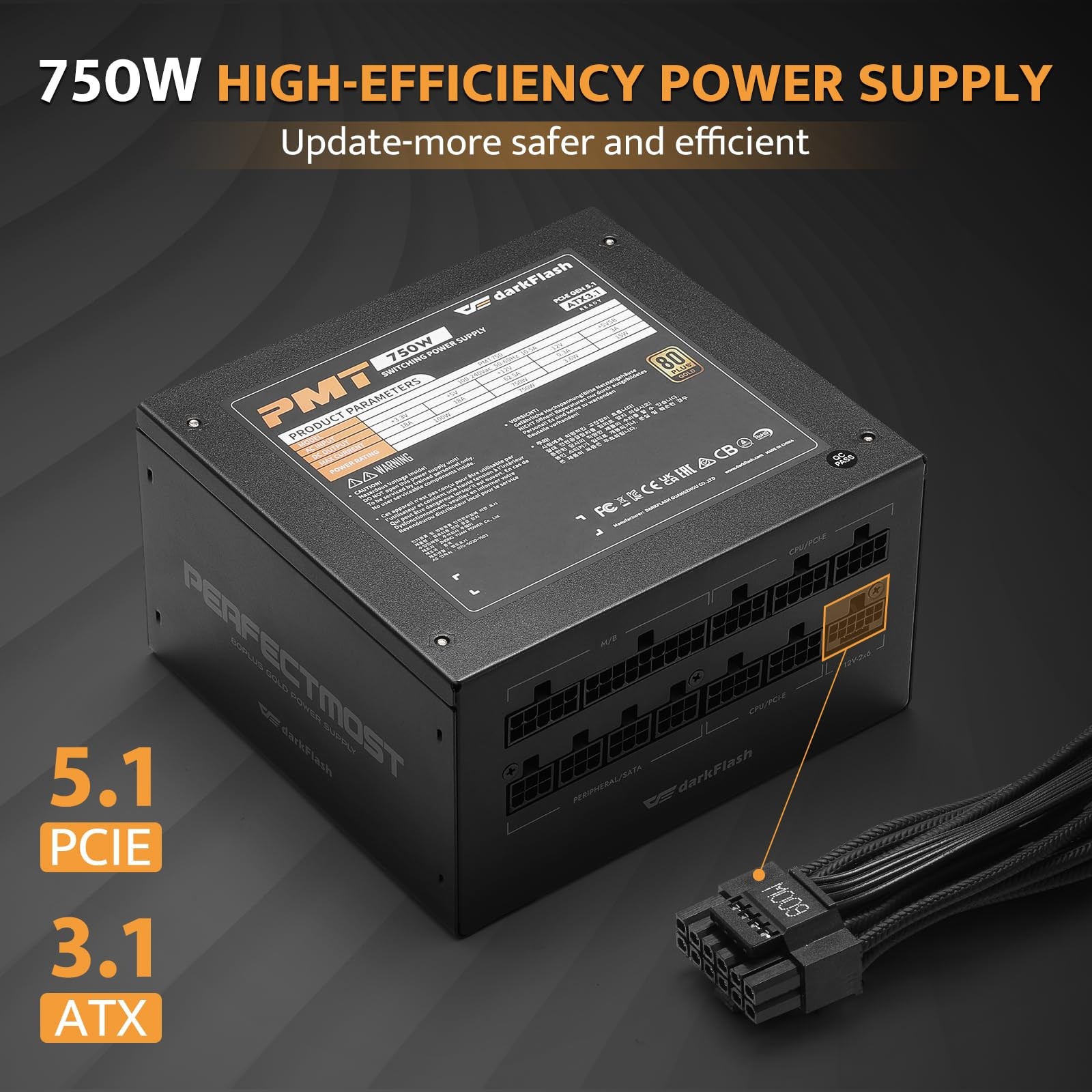PMT Fully Modular Power Supply ATX 3.1& PCIe 5.1 Ready, 2 x 12VHPWR Cable Inc…