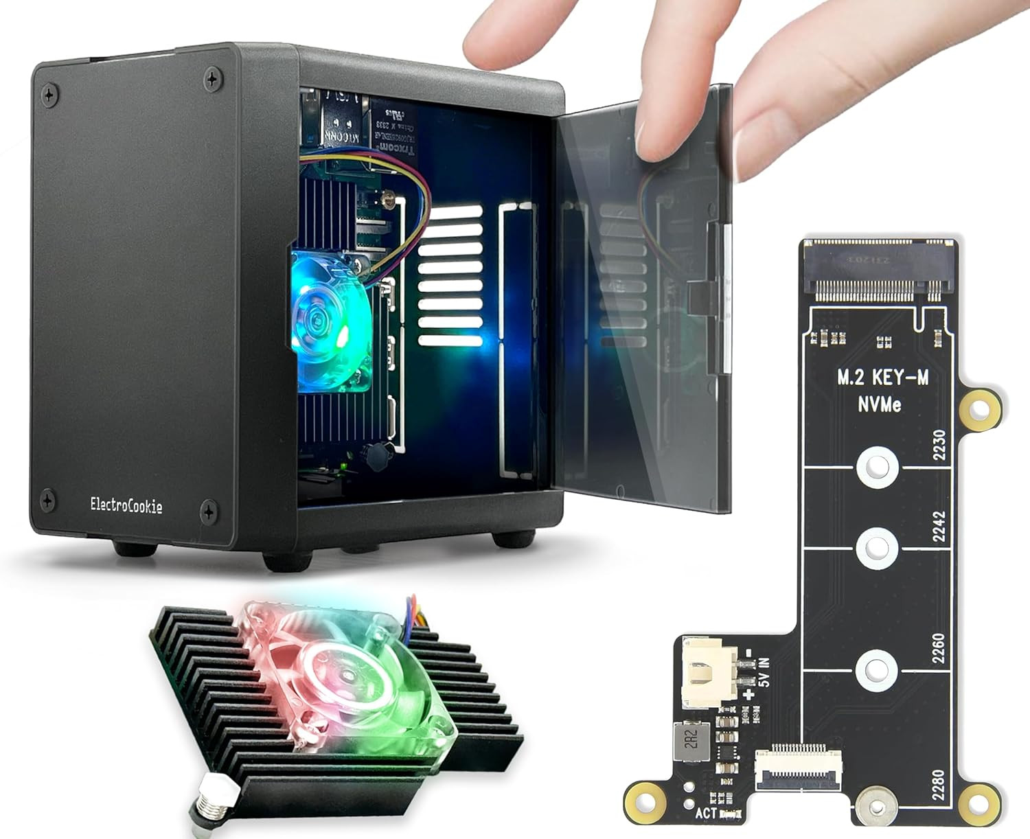 Electrocookie Mini PC Case for Raspberry Pi 5 with M.2 Nvme SSD Pcie HAT and Act
