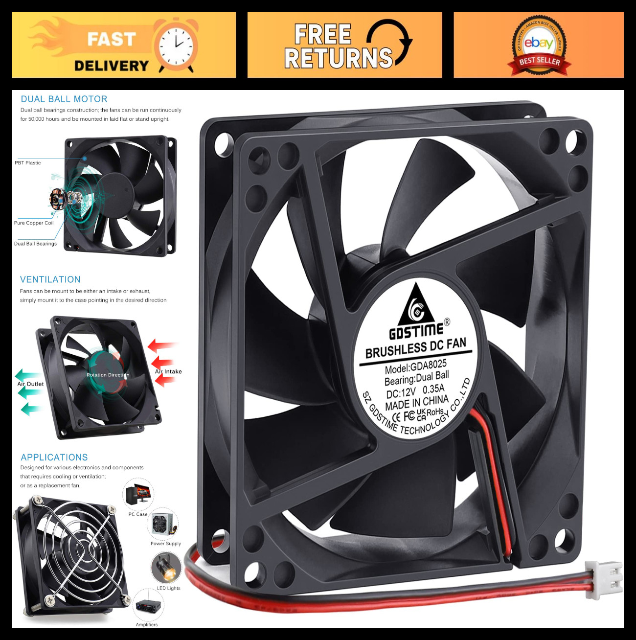 High-Speed 12V 80mm Cooling Fan – 4500RPM, Dual Ball Bearing, Big Airflow, 2 Pin
