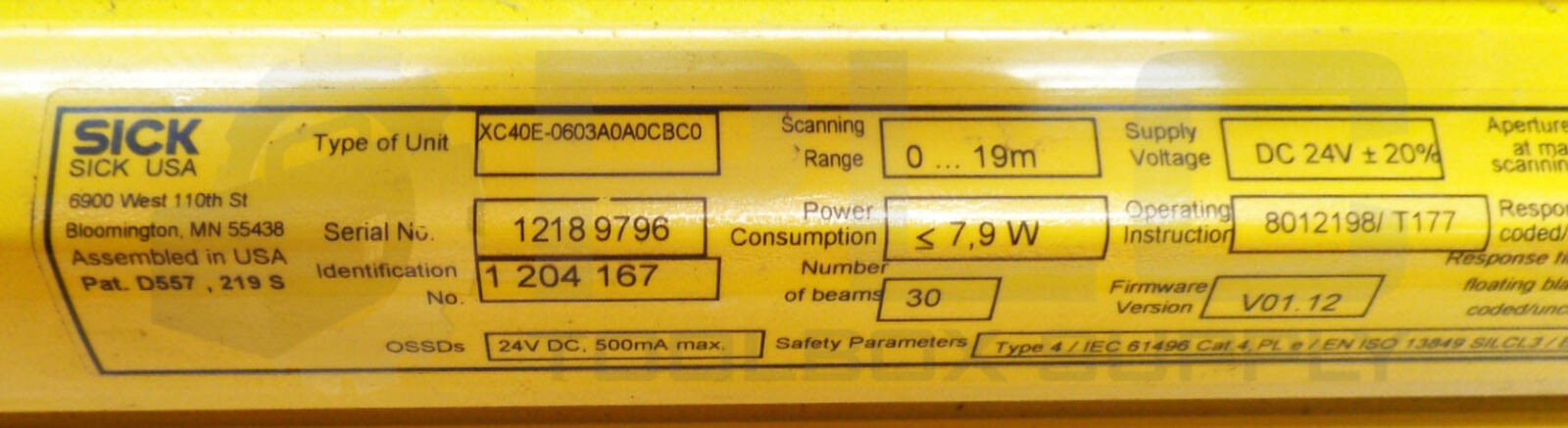 SICK 1 204 167 LIGHT CURTAIN C 4000 SENDER 24VDC 7.9W XC40E-0603A0A0CBC0