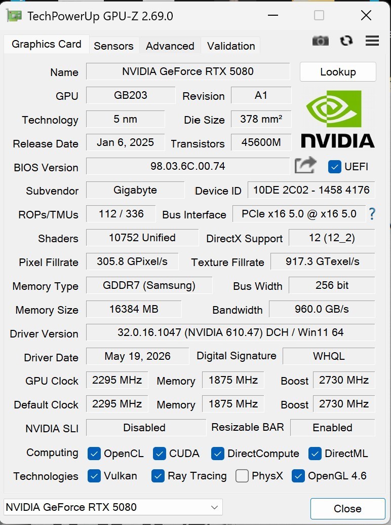 Gigabyte GeForce RTX 5080 Gaming OC 16G Graphics Card (Serial Number Recorded)