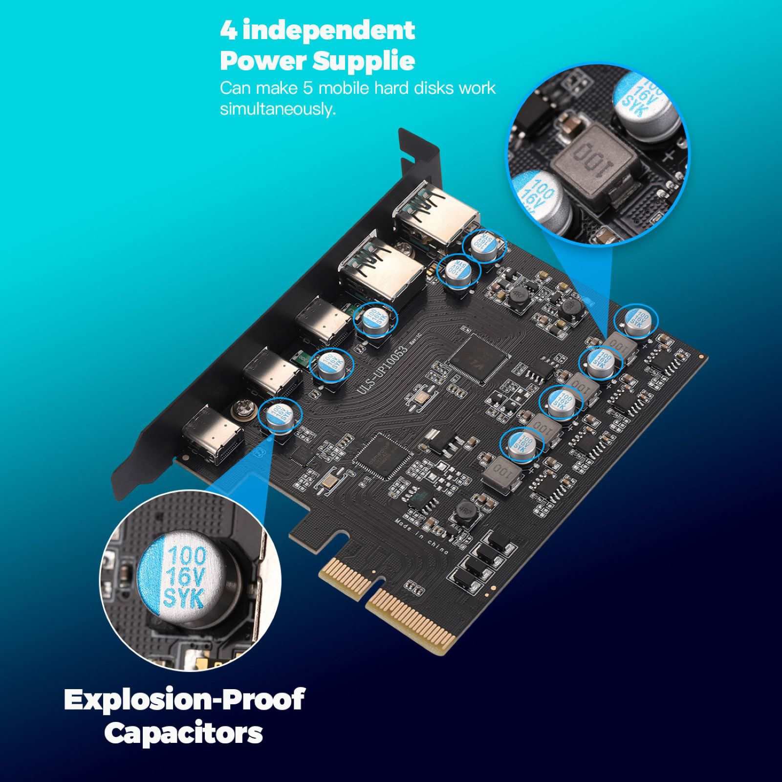 PCIe to USB 3.2 Gen 2 Expansion Card 20 Gbps Bandwidth 5 Ports 2*USB-A 3*USB-C