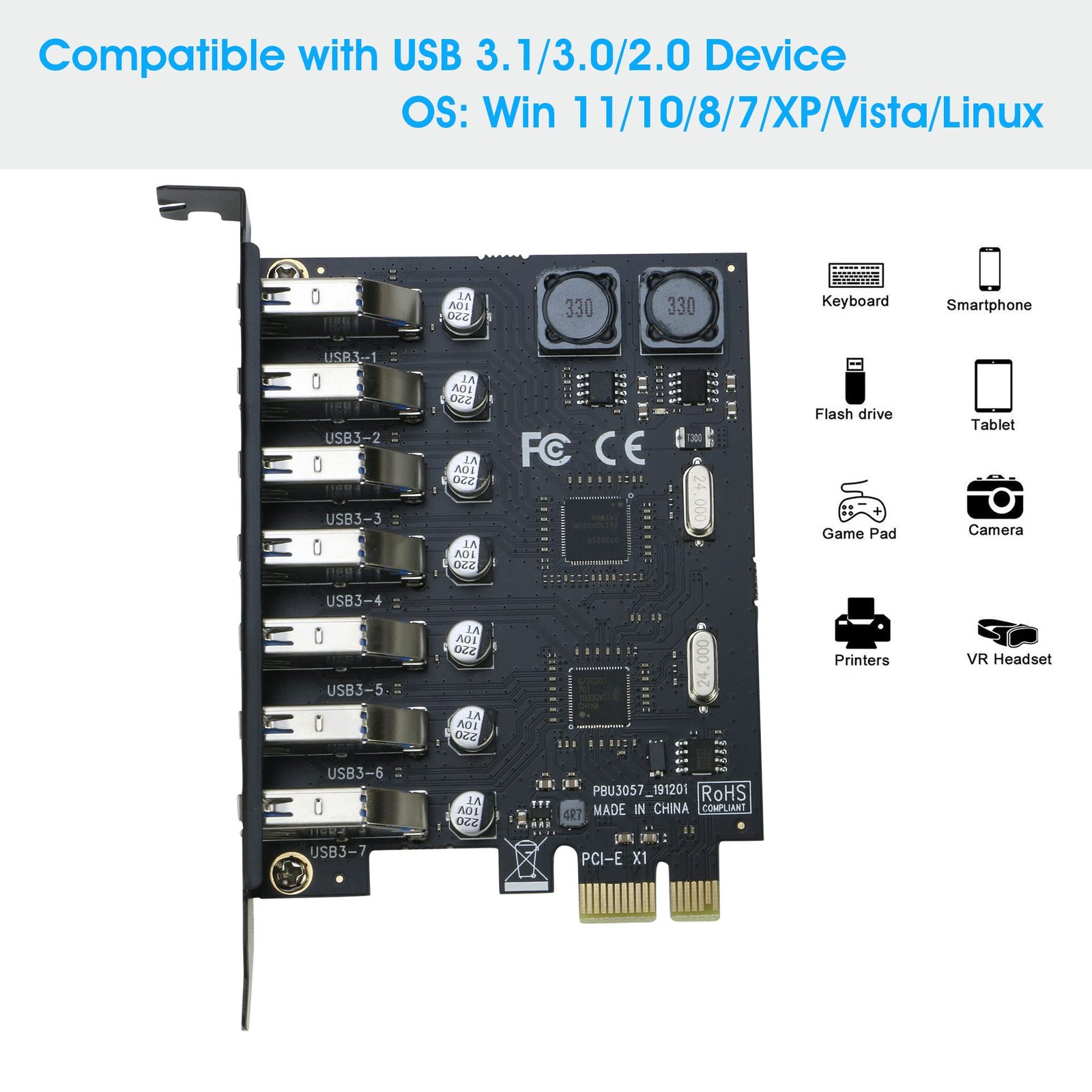 USB 3.0 PCI-e Expansion Card 7Port RIITOP PCI-e x1 to USB 3.0 HUB Adapter 5Gbps