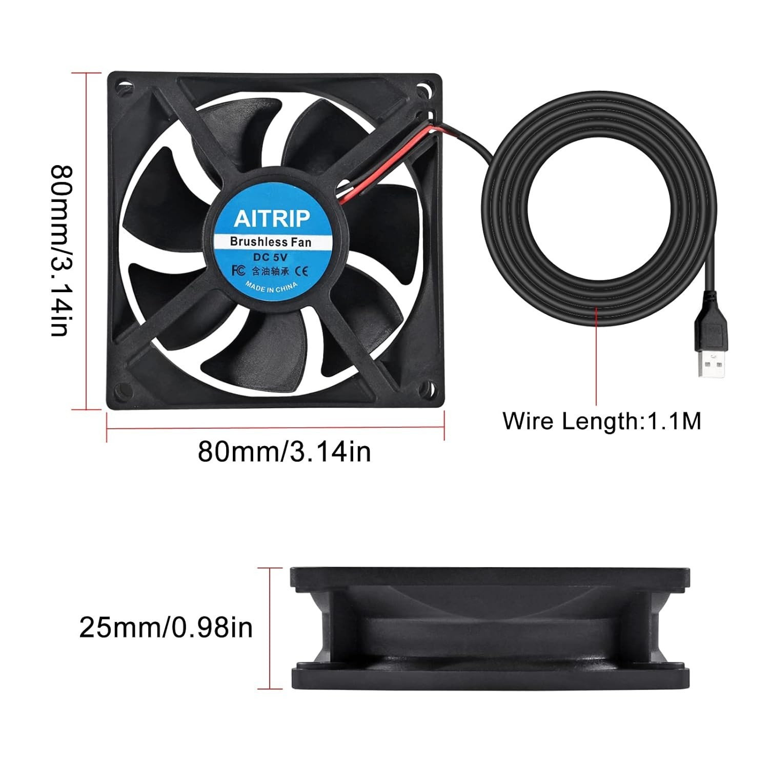 2PCS 80mm USB Fan 5V Brushless 8025 80x25mm for Cooling DIY PC Computer Case …