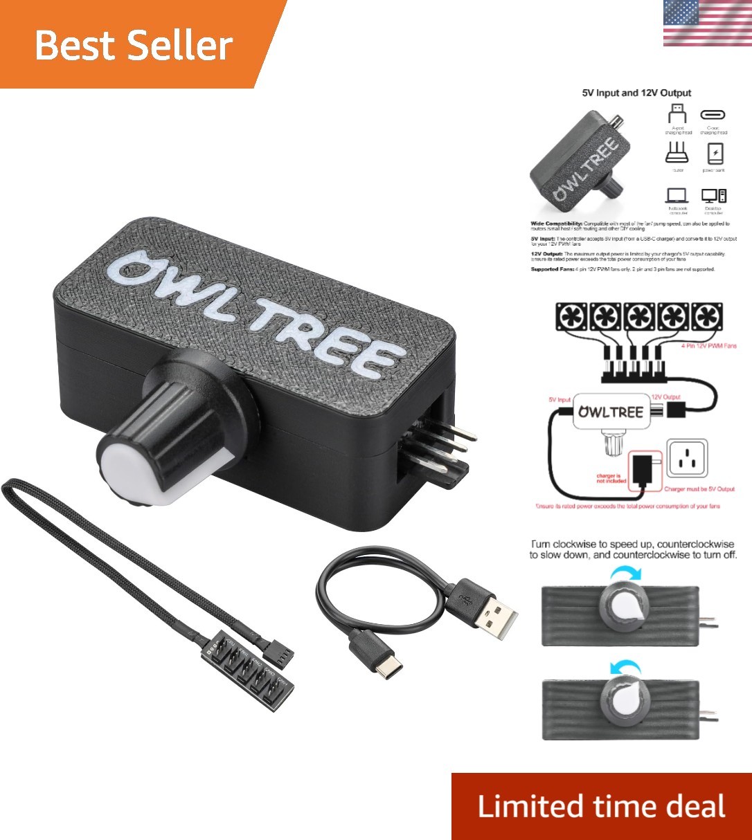 4 Pin 12V PWM Fan Controller with Type C USB Power Cable and 4Pin 5 Way PWM F…