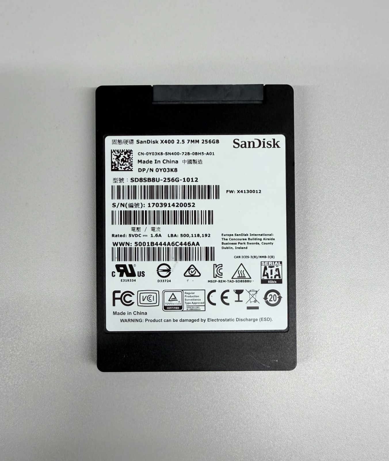 Y03K8 DELL SANDISK 256GB 6G SATA 2.5″ SFF SSD SOLID STATE DRIVE