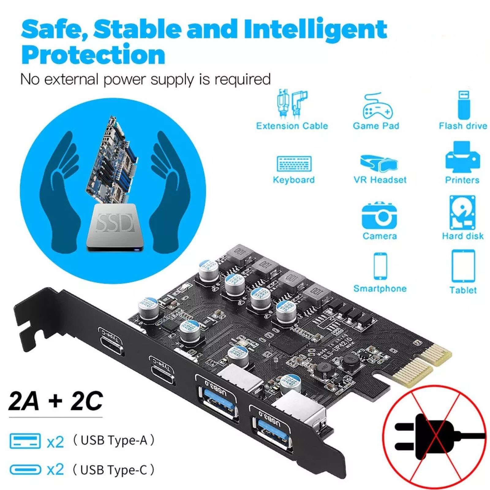 4 Ports USB 3.0 PCI-Express Extension Card 2*USB-A 2*USB-C USB3.0 5Gbps