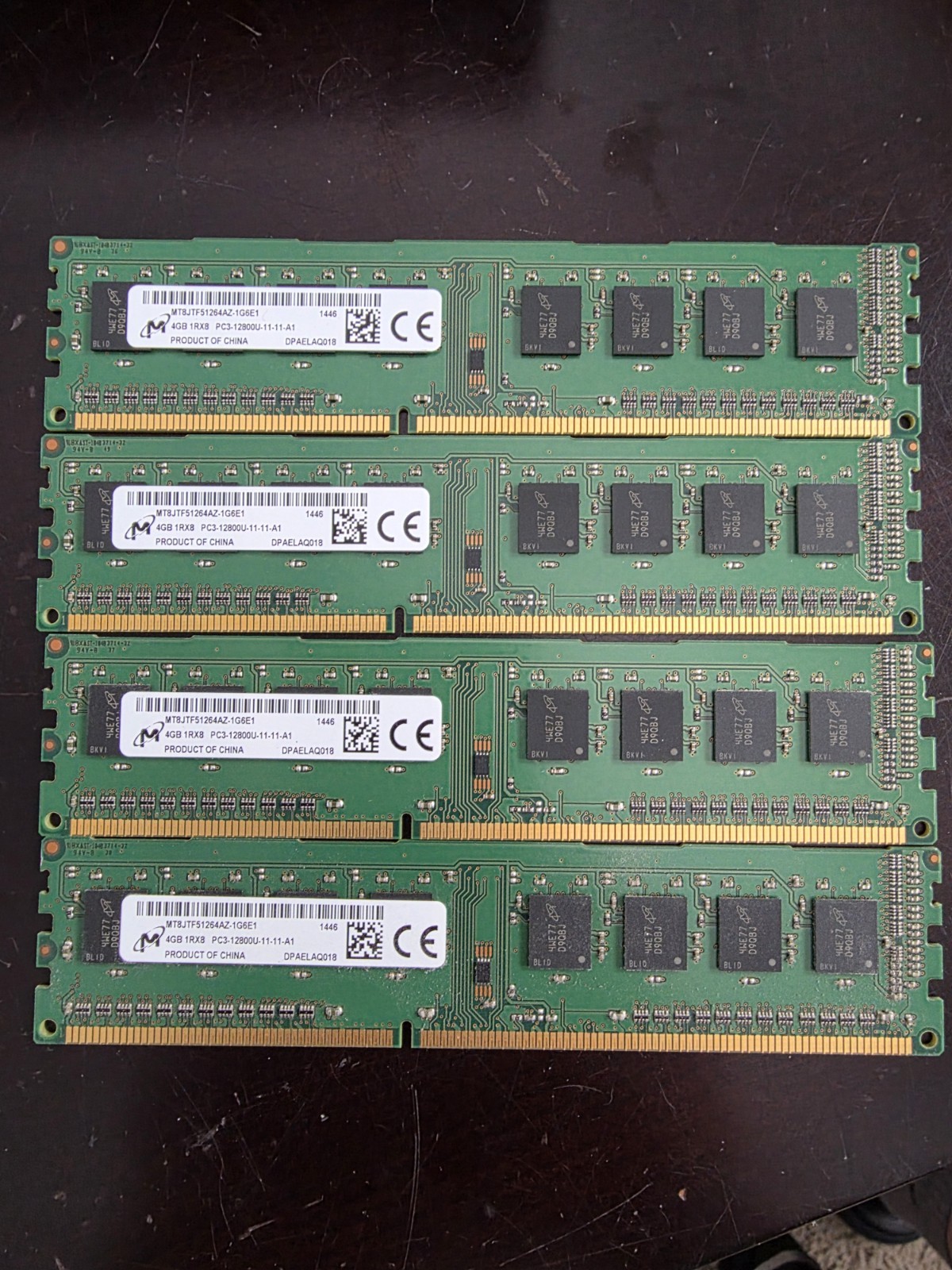 LOT of 4 Micron 4GB PC3-12800u DDR3-1600MHz 1Rx8 MT8JTF51264AZ-1G6E1