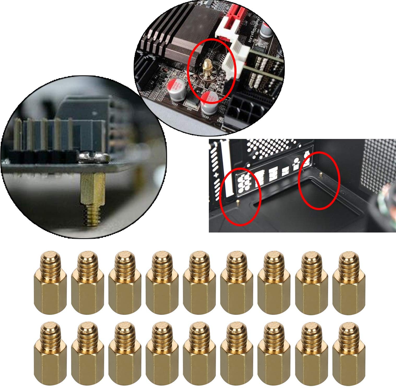 20 Pack 6-32 Brass Motherboard Standoffs, ATX Computer Case, M-F, Hex, PCB
