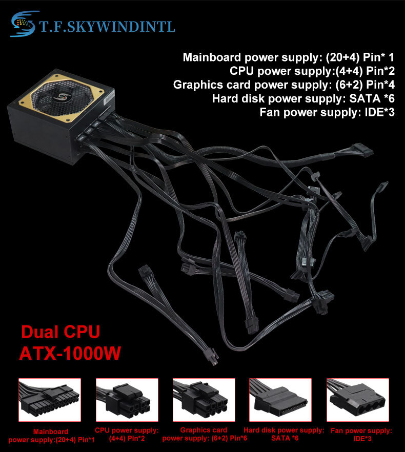ATX 1000W Full Modular Power Supply with RGB Fan 80+ Bronze Dual CPU, Active PFC
