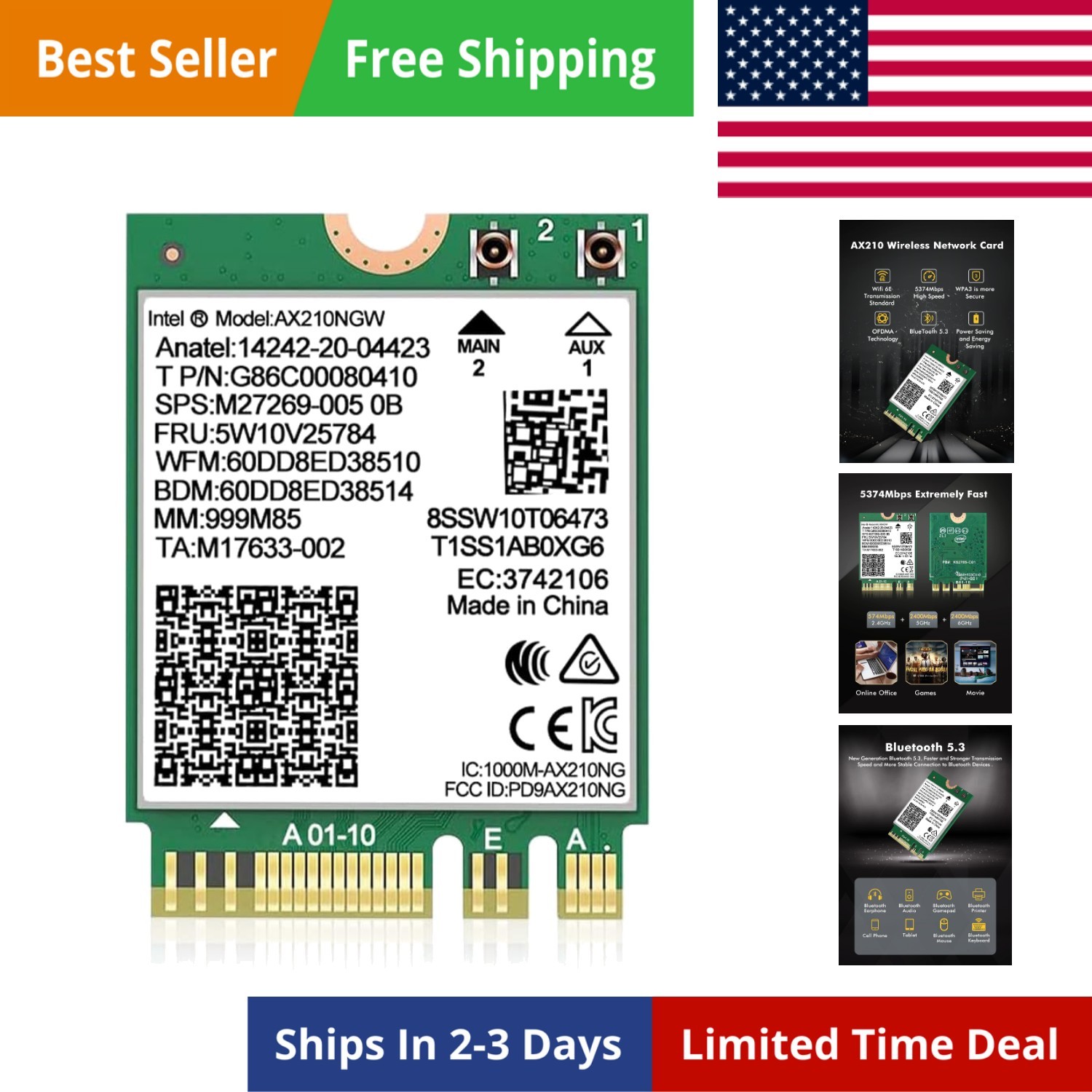 WiFi 6E Wireless Card Intel AX210 NGW Bluetooth 5.3 Tri-Band 5400Mbps Network…