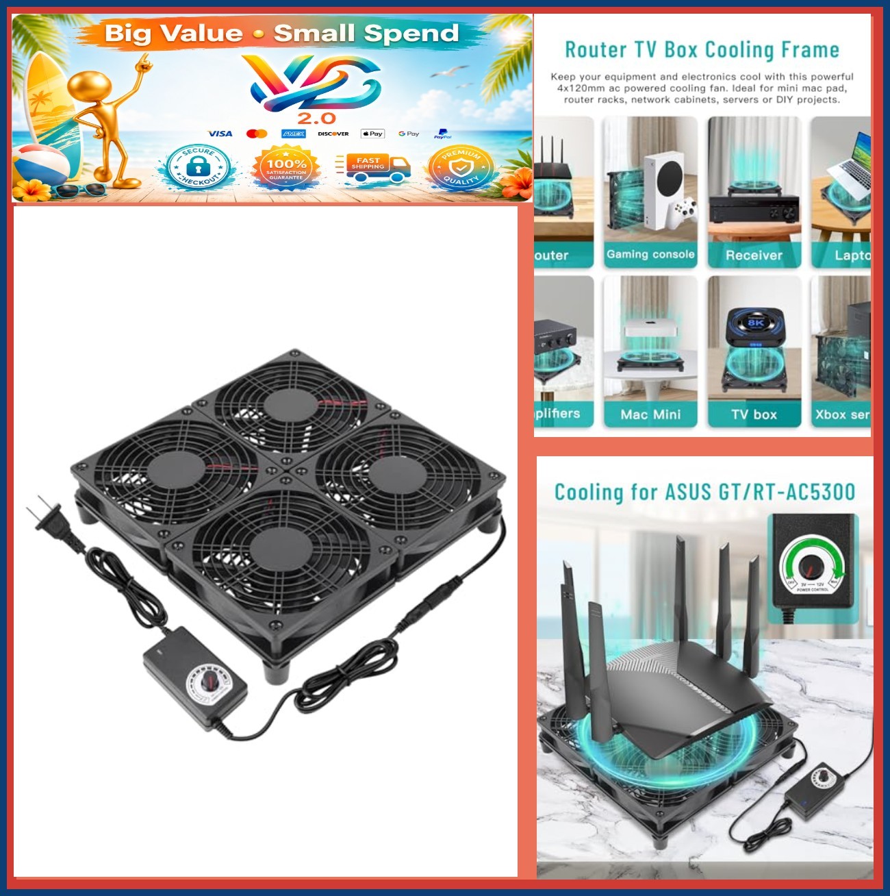 4x 120mm Computer Cooling Fan with AC Plug Variable Speed Controller for DIY
