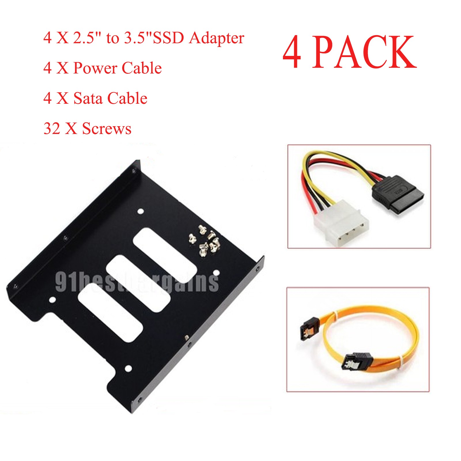 Lot Of 4 2.5″ to 3.5″ Bay SSD Hard Drive HDD Adapter + SATA Cable + Power Cable
