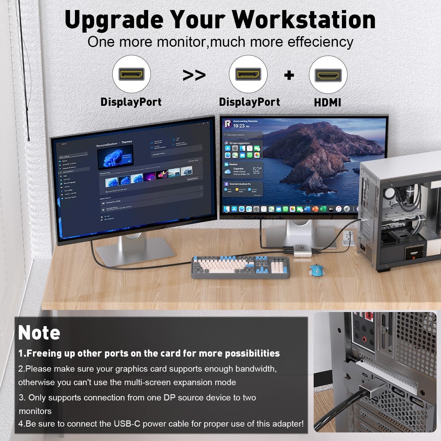 DisplayPort to HDMI and Adapter | 4K 60Hz DP Splitter Grey