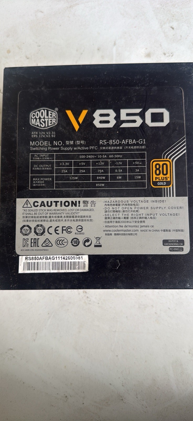 Cooler Master V850 80 PLUS Gold 850W Switching Power Supply, black, MSRP $149