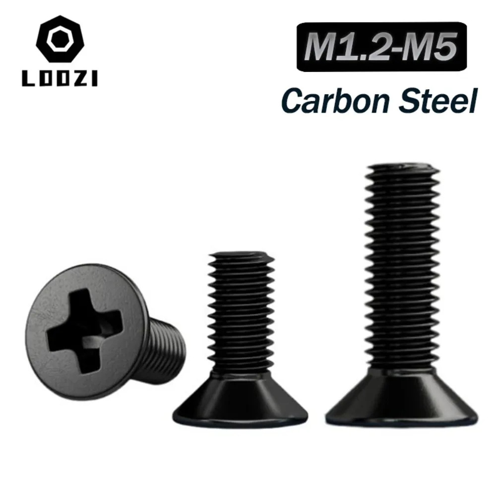 10/20/50PCS Black Carbon Steel Phillips Flat Countersunk Screws M1.2-M5 Bolt Set