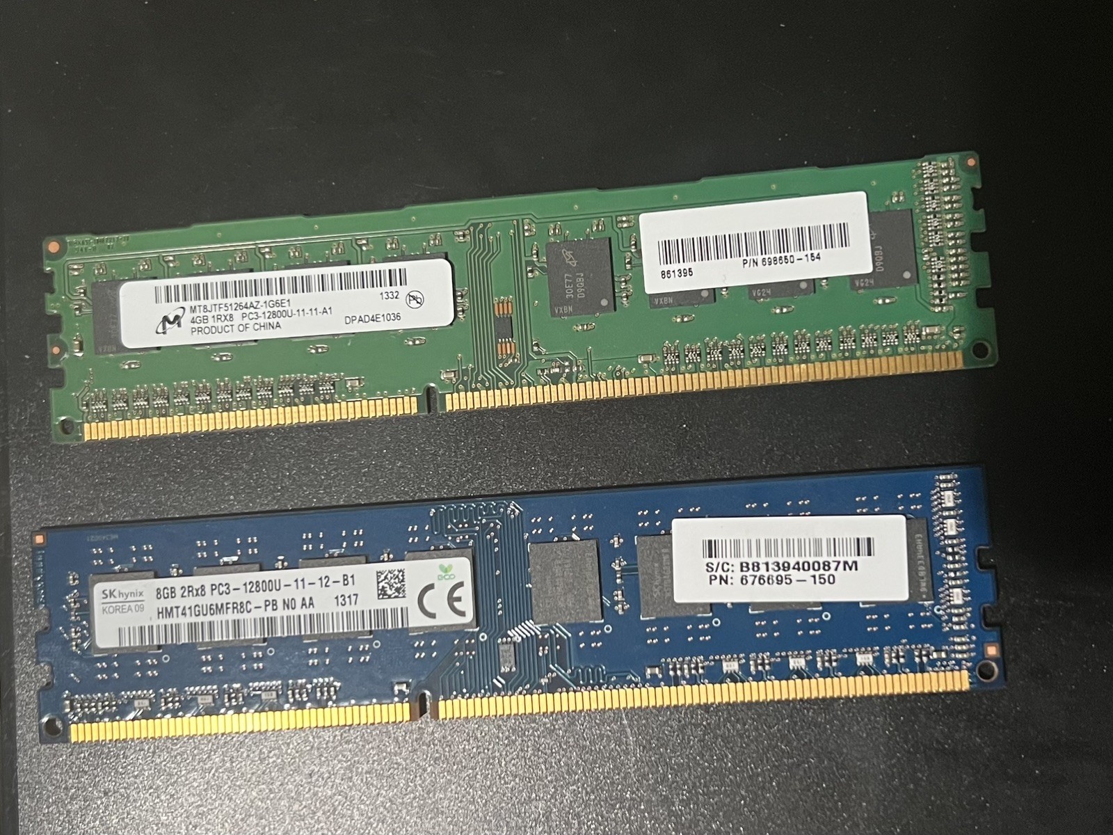 Hynix 8GB 2Rx8 PC3- 12800U & Micron 4GB 2Rx8 PC3- 12800U Memory 12GB TOTAL