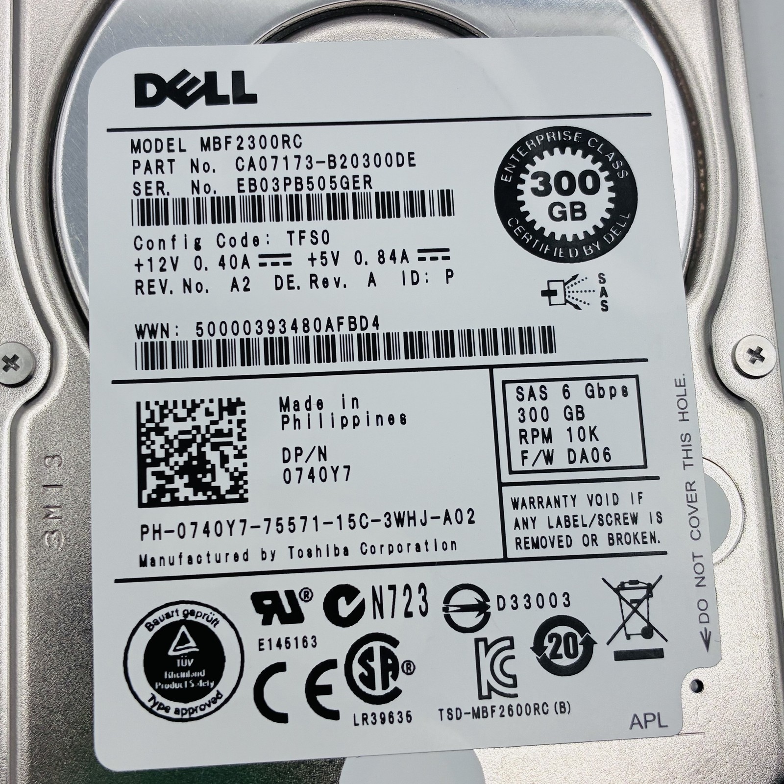 Dell MBF2300RC 300GB SAS 6Gbps 10K RPM 2.5″ Hard Drive CA07173-B20300DE UNTESTED