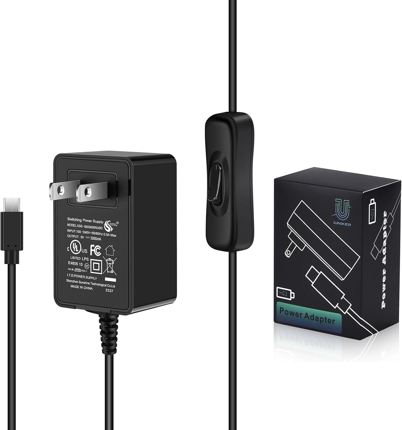 [UL Listed] Iuniker Raspberry Pi Power Supply with Switch 15W 5V 3A Micro USB Ra