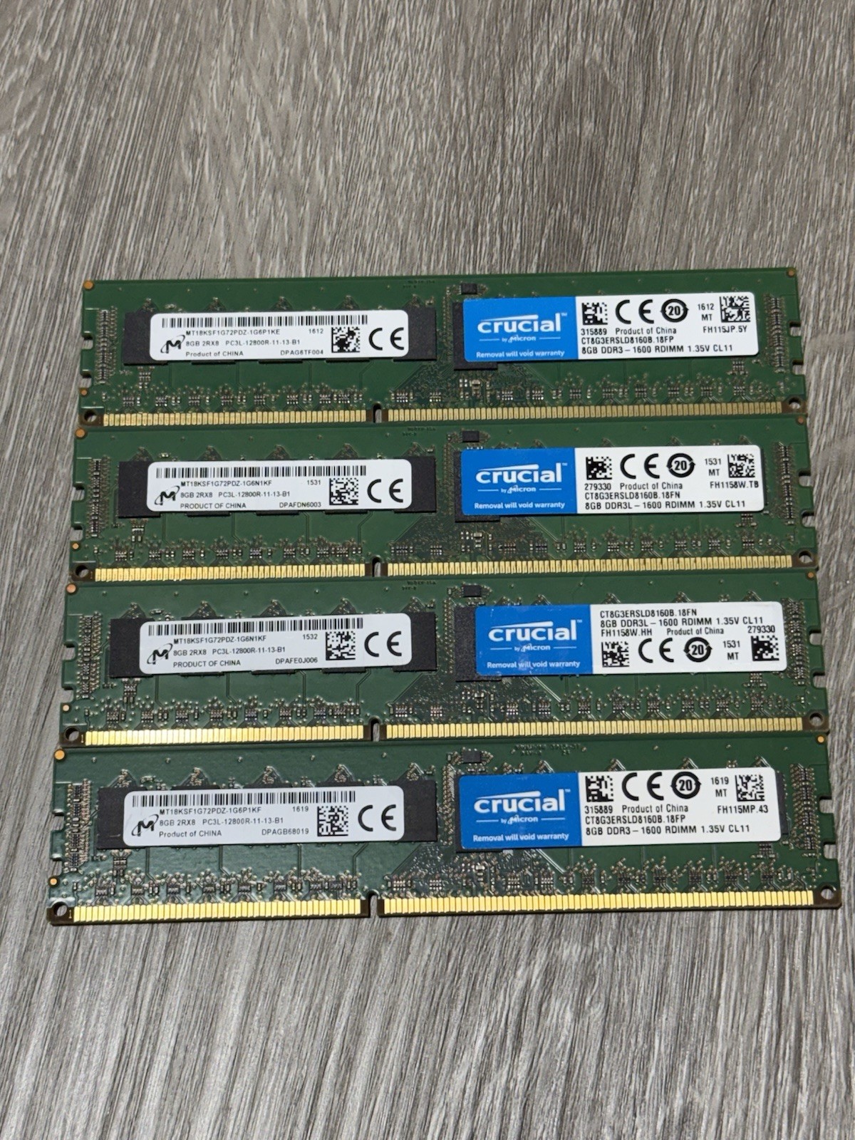 Crucial 8GB 2Rx8 PC3L-12800R DDR3 1600MHz 1.35V ECC RDIMM Memory RAM. 4 Pieces