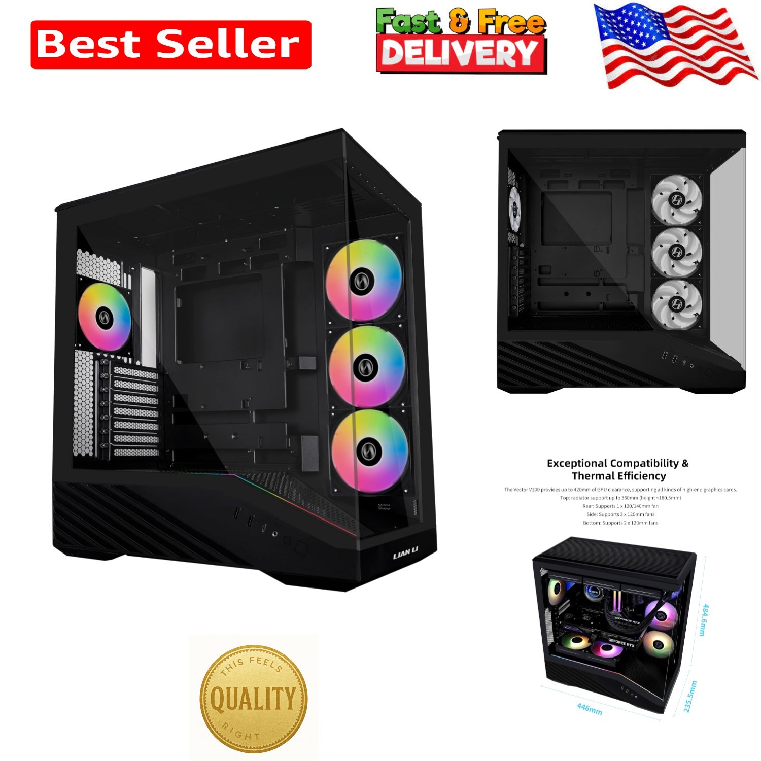 V100 ARGB Mid-Tower Case with Unique Display & RGB Strip – 420mm GPU Support